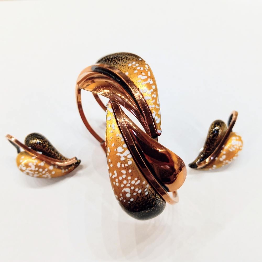 Vintage Matisse Renoir Signed Enamel Copper Clamper Bracelet Earrings Set